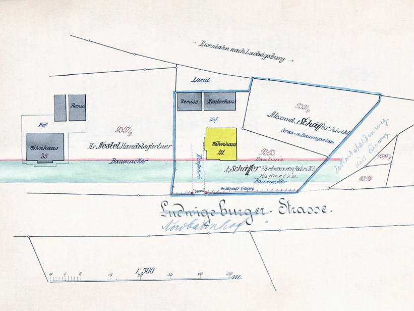 Lageplan von 1888, Teil eines Bauantrages zur Errichtung des Einfahrttores, Nordbahnhofstraße 41 gelb markiert, Quelle: Stadtarchiv Stuttgart.
